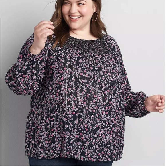 Lane Bryant Black & Pink Floral Smocked Peasant Blouse metallic thread size 22 - Picture 1 of 10
